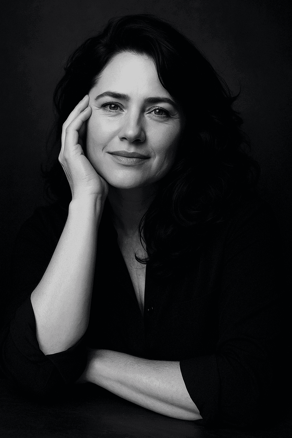 A striking black and white portrait photograph of a woman with dark wavy hair against a black background. She has a gentle, thoughtful expression with a subtle smile, and her hand is elegantly positioned against her temple. The dramatic lighting highlights her facial features and creates a sophisticated contrast between light and shadow. The composition is intimate and artistic, capturing a sense of quiet confidence and poise. The minimalist styling and deep shadows emphasize the subject's expressive eyes and serene demeanor in this professional, contemplative portrait.